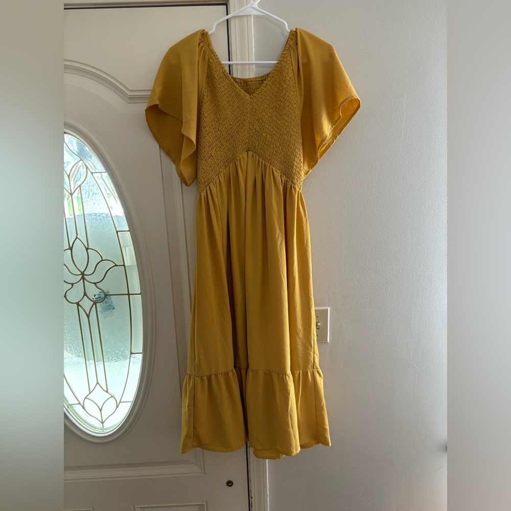 Mustard flutter sleeve midi dress